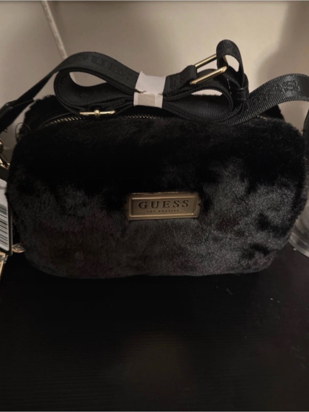 Guess Black Faux Fur Crossbody with Branded Plaque